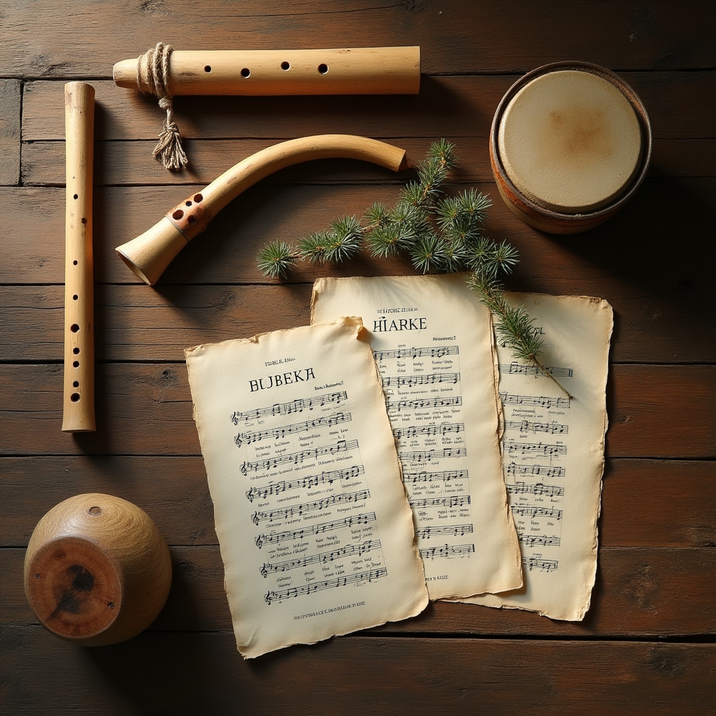 Tradycyjne instrumenty kurpiowskie ułożone na drewnianym stole